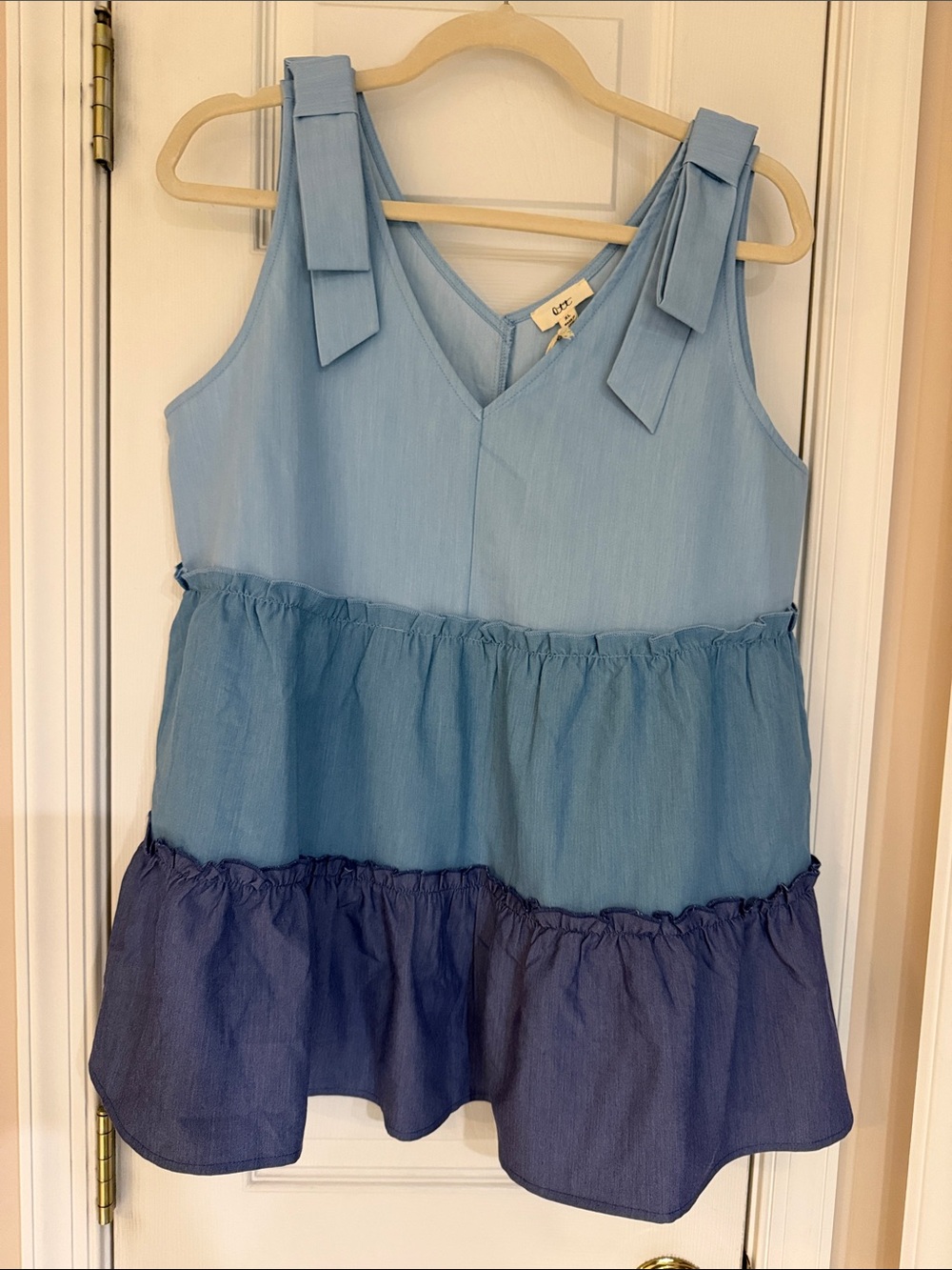 Ott Tie-Shoulder Tiered Blue Women's Blouse, Size XL